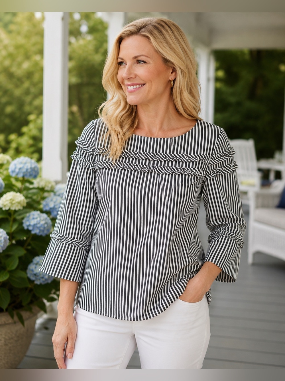 Talbots Striped Ruffle Trim Blouse NWOT Size Medium